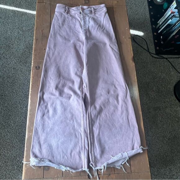 Zara Womens Y2K Wide Leg Jeans Pastel Pink High rise Flare Boho Raw Hem - Picture 1 of 9